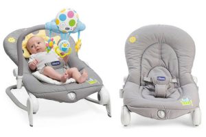 grey baby bouncer with baby and mobile