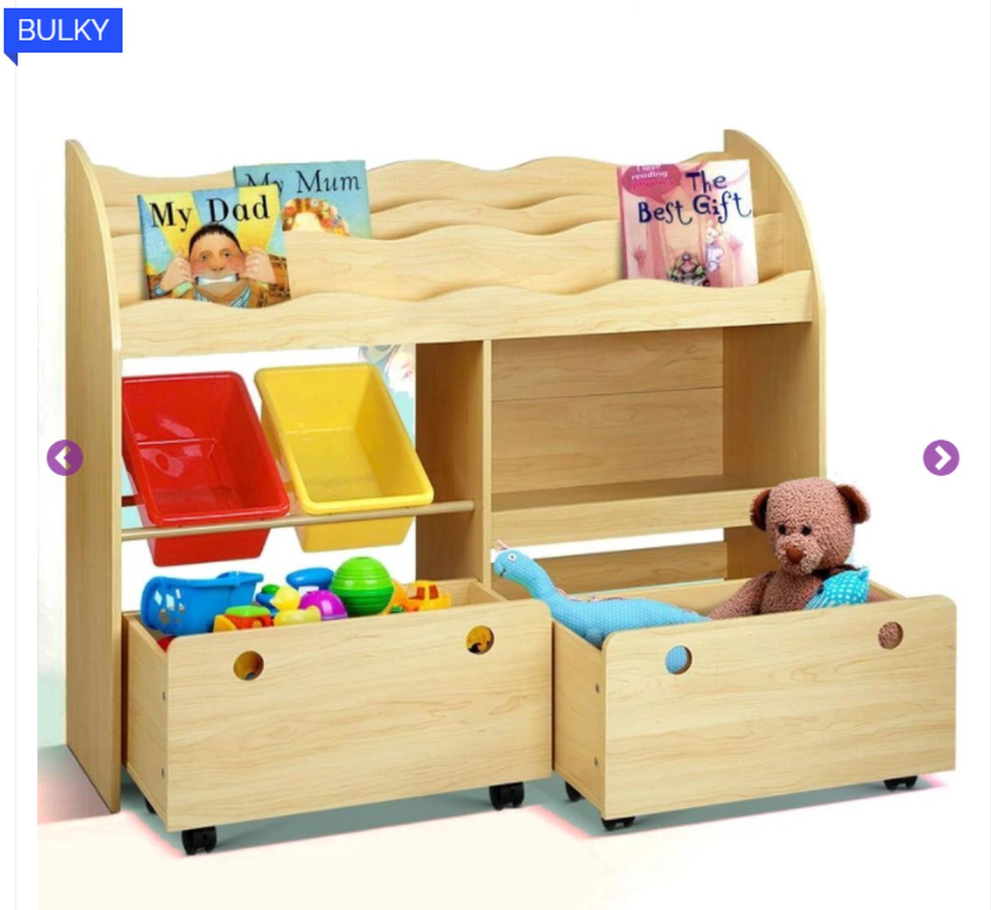 Kids Bookshelf and Toy Storage Box in Natural Wood