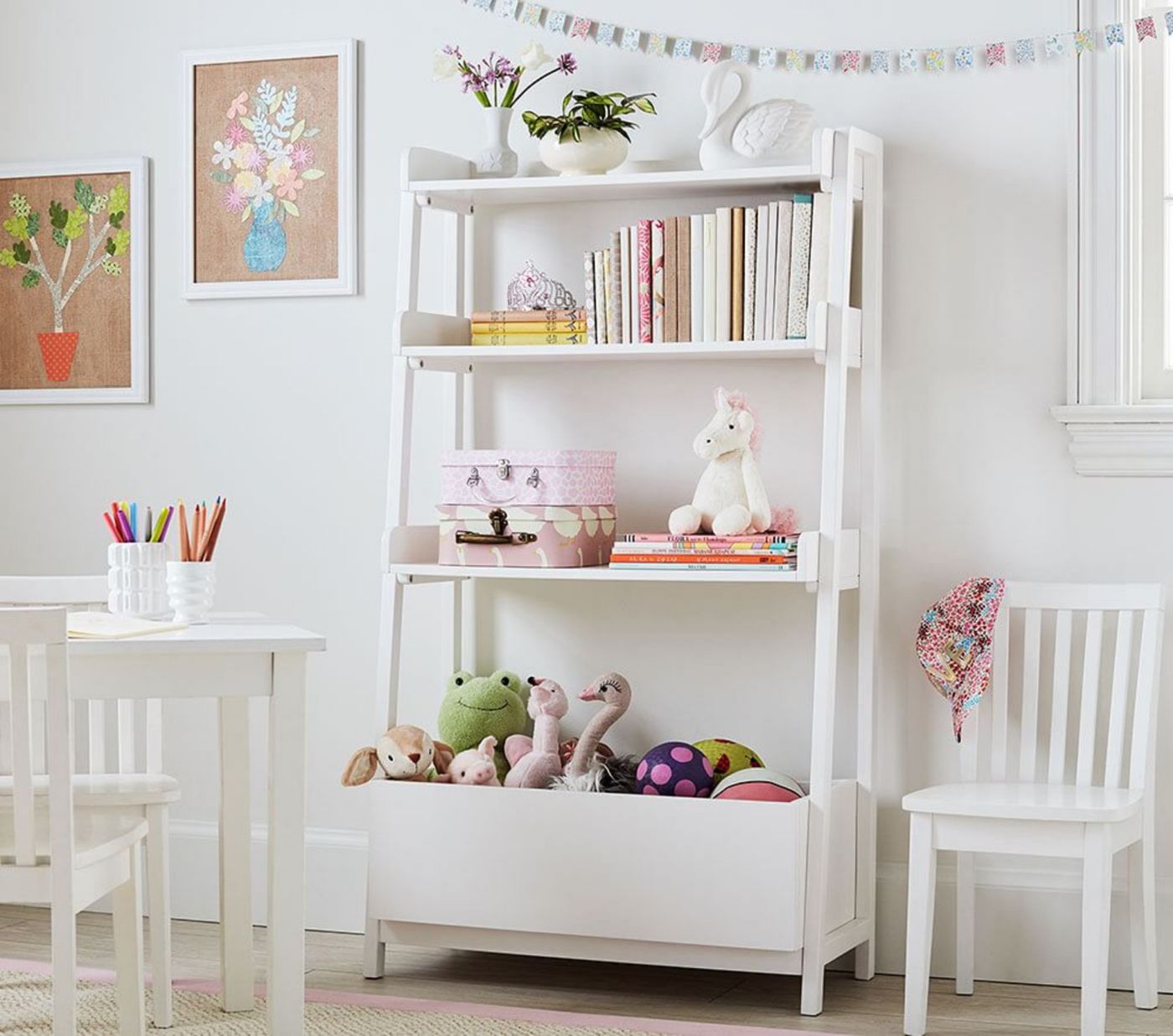 angled-bookcase and toy storage box pottery barn kids