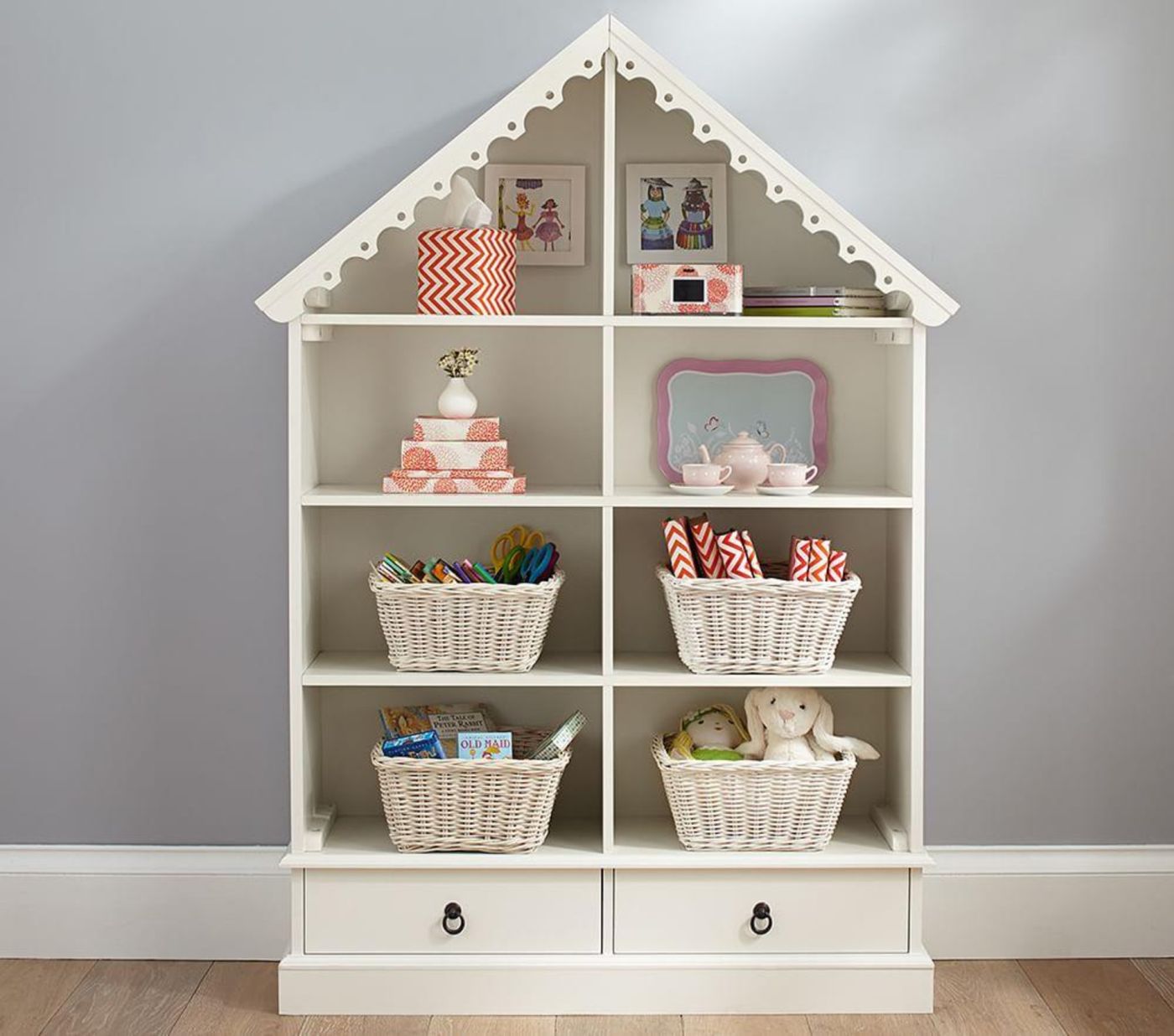 dollhouse bookcase and toy storage for baby nursery