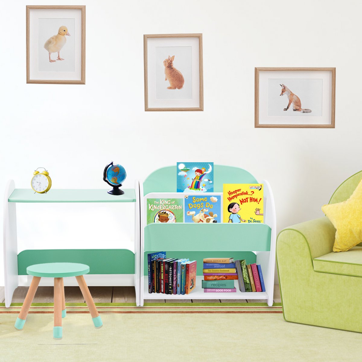 wooden-kids-bookshelf-book-storage-organiser-small-table-and-stool-set-mint-green