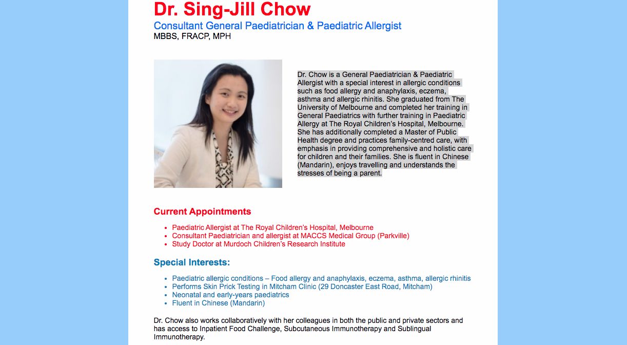 dr. sing jill chow paediatrician doctor melbourne, victoria